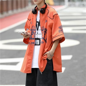 夏季休闲机车风 短袖拉链青少年男女衬衫小众高街宽松工装衬衣潮图片