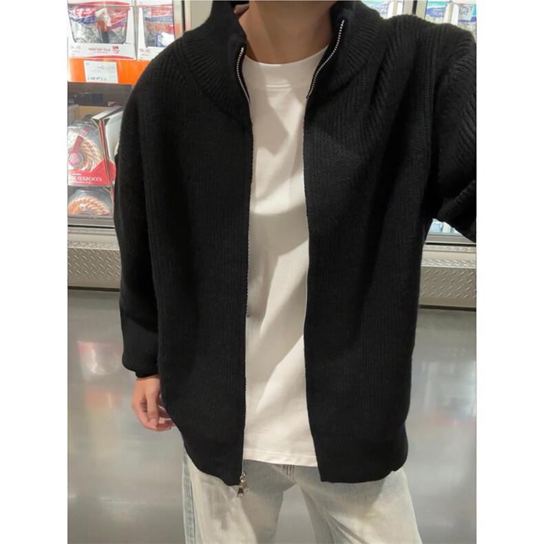 重磅秋冬北极绒双拉链毛衣开衫美式复古休闲慵懒风宽松针织衫外套,男装针织衫/毛衣,电商A486