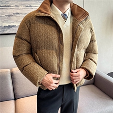 小香风编织呢料~肌理立领加厚保暖棉服男短款外套咖色M25105-P247，男装棉衣，电商A213