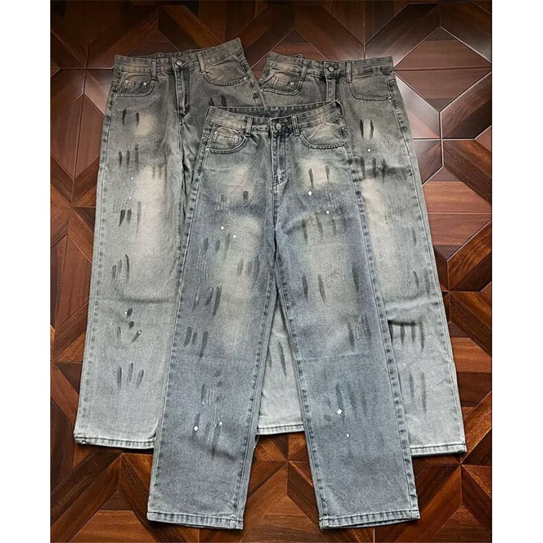 2026潮牌泼墨牛仔裤男女美式高街休闲长裤宽松直筒裤子K70716-P47，男装牛仔裤，电商B245