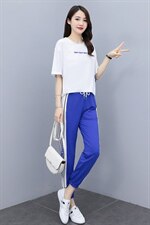 2021夏季新款简约时尚气质圆领字母印花上衣休闲裤两件套，女装套装/套裙，曼娅璐