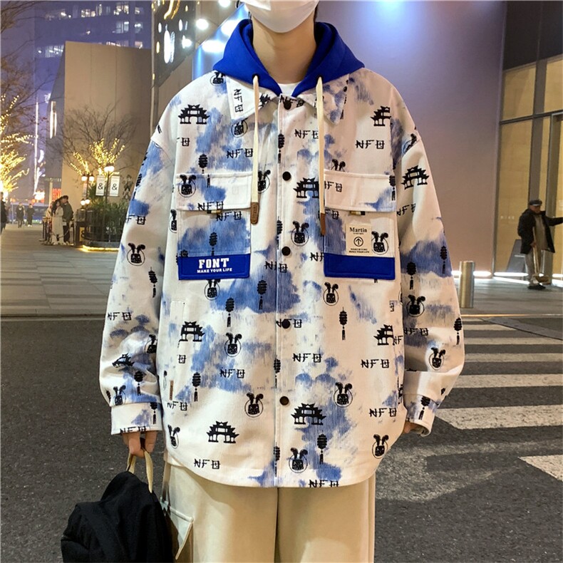 2024春秋款拼接假两件连帽夹克男潮牌印花工装A436-D1202-P73,男装夹克,电商A436