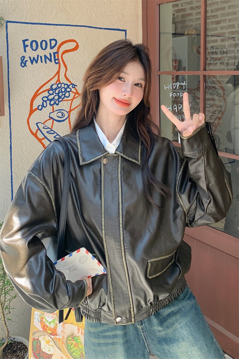 港风气质短款机车皮衣外套女2025春秋季新款韩版宽松显瘦洋气上衣,女装皮衣,纯色衣恋