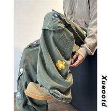 花朵刺绣军绿色工装裤男褶皱大口袋弯刀休闲阔腿裤网图GKX828-p78，男装休闲裤，星座302B-2