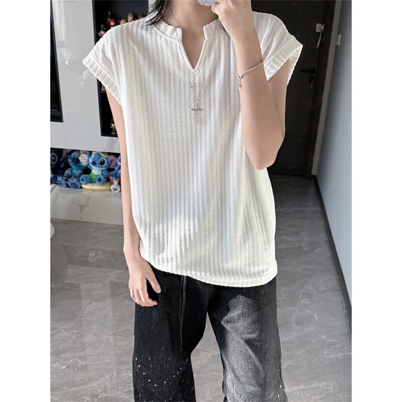 港风大码夏季宽松提花亨利领短袖T恤背心男女 XZ213-XX11-P15控39图片