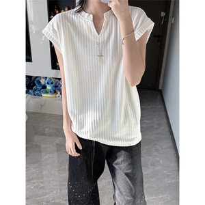 港风大码夏季宽松提花亨利领短袖T恤背心男女 XZ213-XX11-P15控39图片