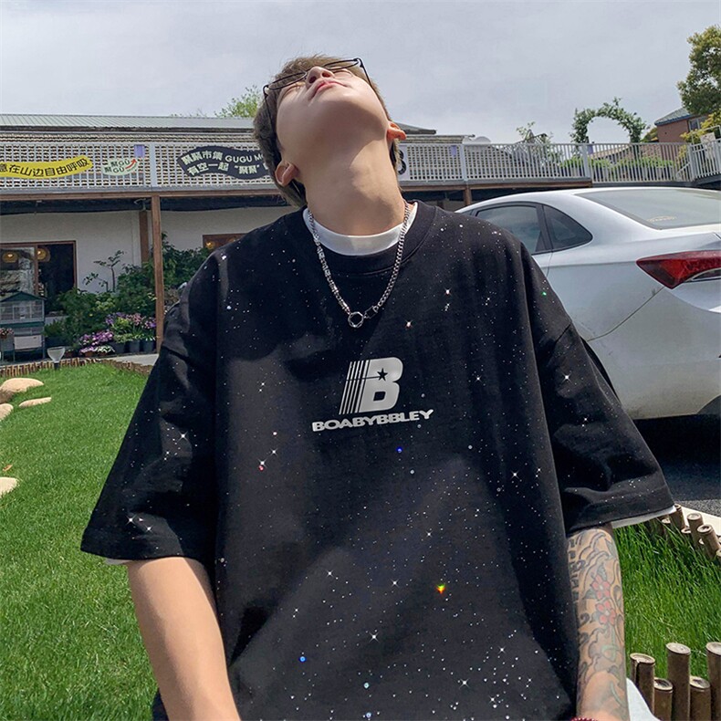 量大优供抖音视频支持得物配合二开美式满天星亮片短袖T恤MTX186,男装T恤,电商A486