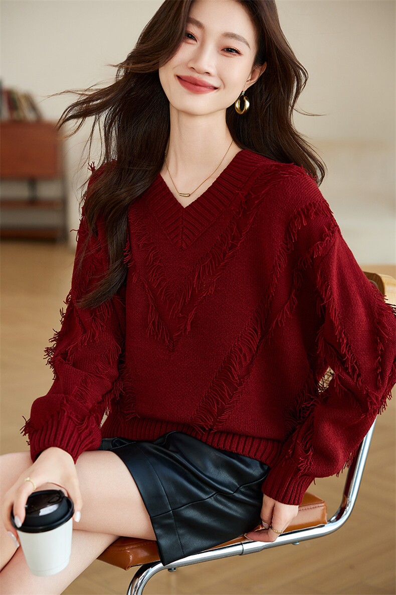 酒红色v领毛衣女2025春秋慵懒风宽松减龄洋气内搭套头针织衫上衣,商品下架区,韩然一族