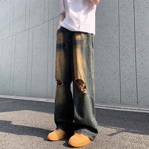 新款夏季复古水洗做旧破洞牛仔裤男款美式潮牌宽松休闲裤子图片