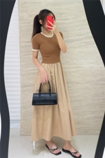 拼色圆领短袖拼接纯棉半身裙，女装连衣裙，优麦羊绒（原洪叶羊绒）