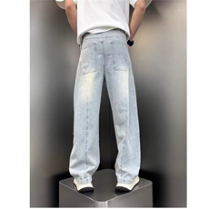 6632-P50春夏新款浅蓝色破洞刮烂牛仔裤男宽松直筒阔腿裤，男装牛仔裤，电商B323A