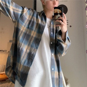 格子衬衫男长袖防晒衬衣外套宽松显瘦休闲慵懒风上衣 CS09图片