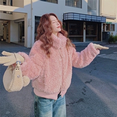 【新款】粉色夹棉羊羔毛外套2C137-8280-P195-K298，女装棉衣/棉服，2C137