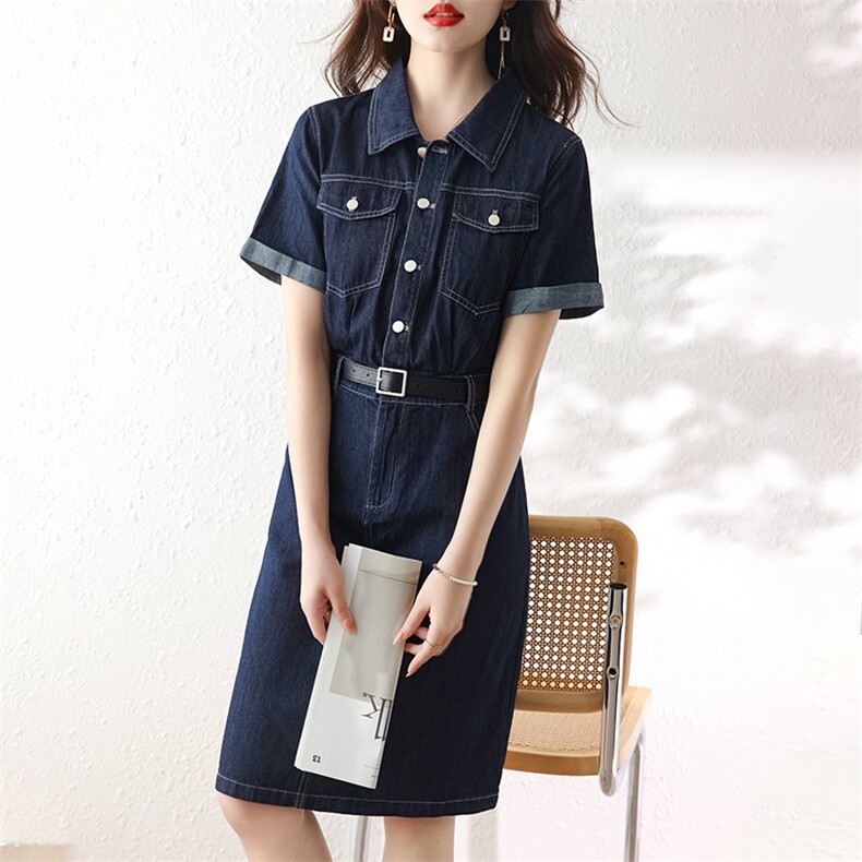 薄款牛仔衬衫连衣裙女2025年夏季新款气质收腰小个子短袖翻领裙子,女装连衣裙,美沁