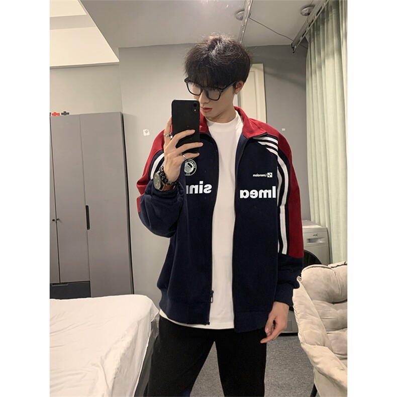 抖音得物秋美式高街重磅结构织带拼接撞色立领卫衣外套ACM4105,女装短外套,电商A443