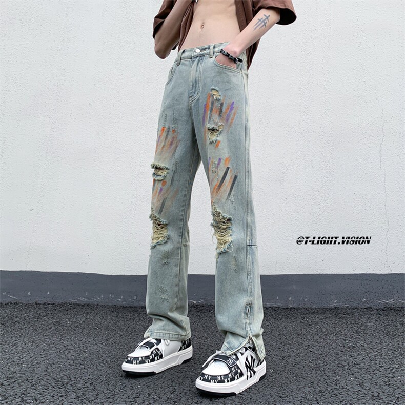 B221美式ins高街暗黑小众拉链喷墨破洞牛仔裤LK23085-P65控88,男装牛仔裤,电商B221