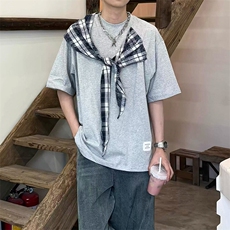 拼接格子布装饰高品质260克双纱纯棉美式高街短袖T恤特P35，男装T恤，电商A486