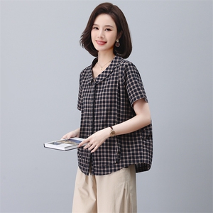 纯棉短袖衬衫女2024夏季新款中年妈妈装格子休闲宽松翻领洋气上衣图片