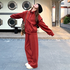 韩系慵懒chic红色休闲运动套装女2025春秋新款卫衣阔腿长裤两件套，女装套装/套裙，2C317A