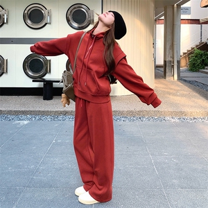 韩系慵懒chic红色休闲运动套装女2025春秋新款卫衣阔腿长裤两件套图片