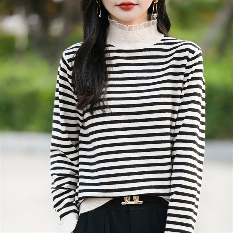 2025秋冬新款蕾丝边半高领条纹内搭毛衣女木耳边针织打底衫上衣潮图片