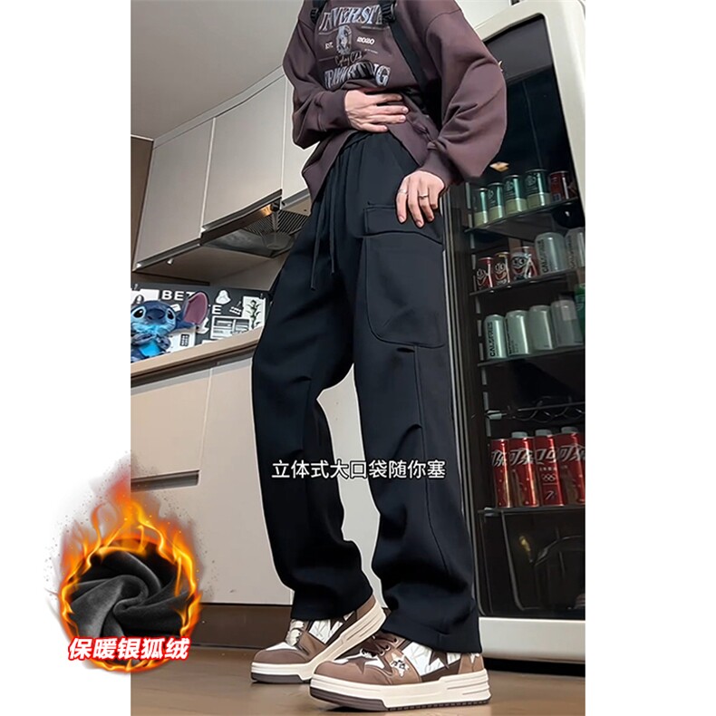 特批P35无差价冬季褶皱银狐绒保暖卫裤男多口袋阔腿裤K1955J加绒,男装休闲裤,电商A001-1