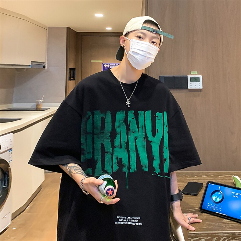 HXY1184TP25-控价38港风夏季2023创意印花宽松潮流短袖T恤男夏，男装T恤，电商A102-1