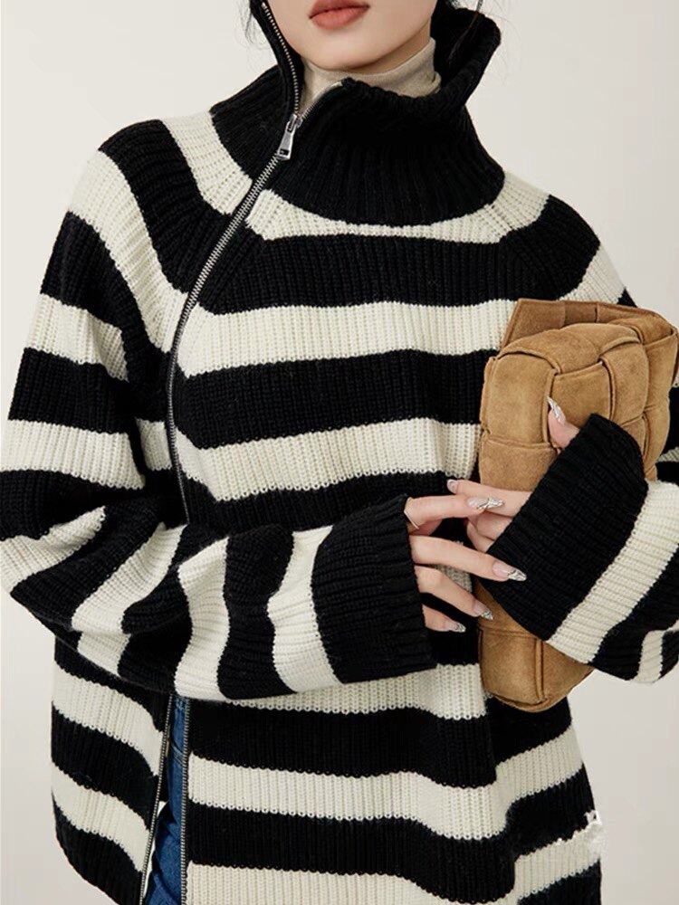 35%羊绒女高领宽松中长款拉链毛衣针织衫，女装羊绒衫，以美红杉羊绒