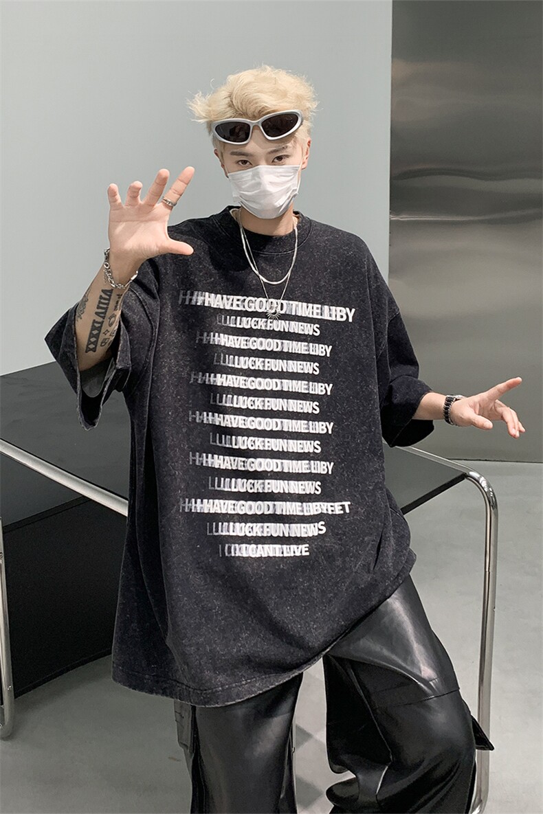 复古水洗做旧字母印花欧美重磅落肩袖短袖T恤XZ514-2-202443-P38,男装T恤,星座514-2(原B239)