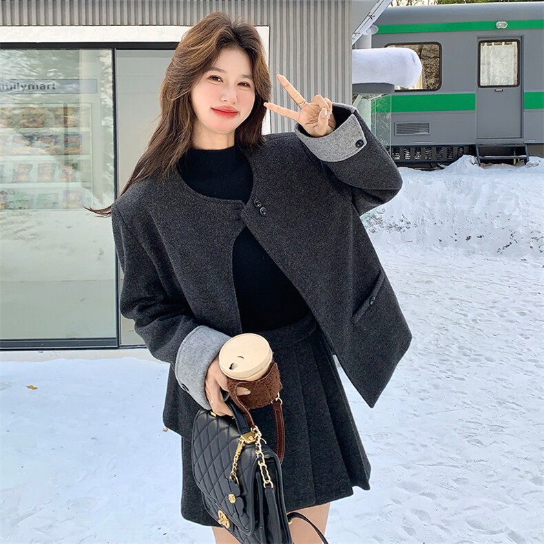 灰色小香风毛呢羽绒服半身裙套装B82-P255-K373，女装套装/套裙，浙宝191（原浙宝008）