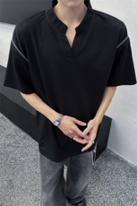 美式机车V领短袖T恤设计感T恤肩部拉链时尚设计短袖T恤半袖P48，男装T恤，电商B319