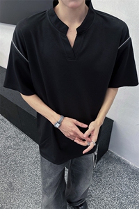 美式机车V领短袖T恤设计感T恤肩部拉链时尚设计 短袖T恤半袖 P48图片