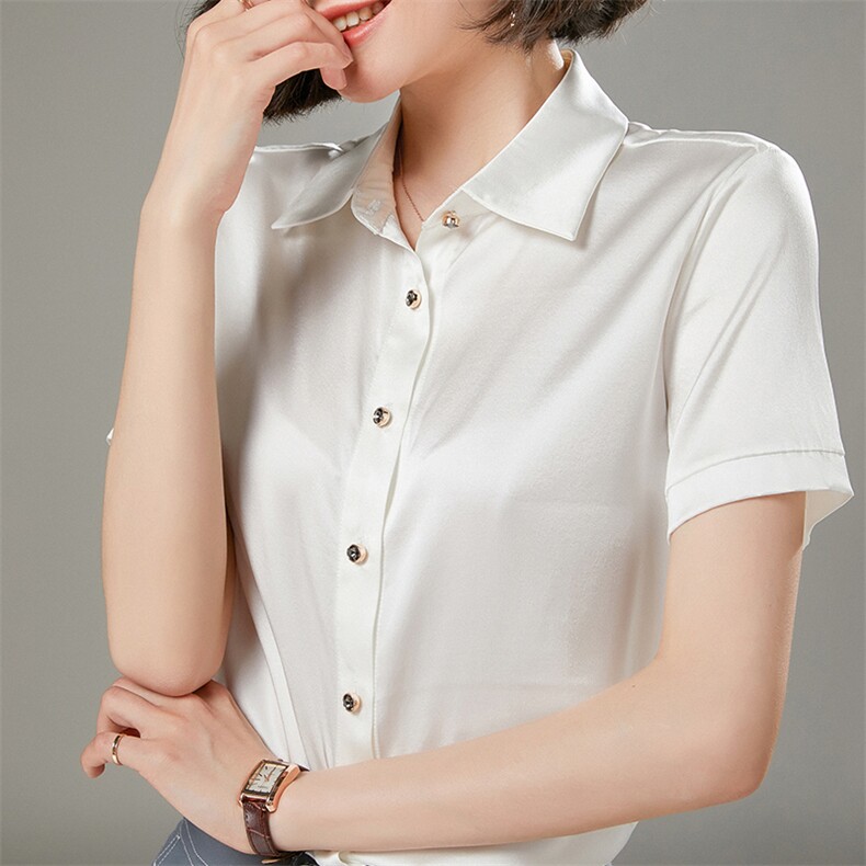新款女装短袖真丝衬衫高端大气优雅显瘦白色衬衣，女装衬衫，宋氏羊绒