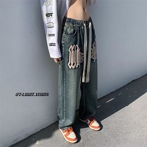 现货 高街ins潮牌牛仔裤男美式复古oversize阔腿裤 K5910-P45图片