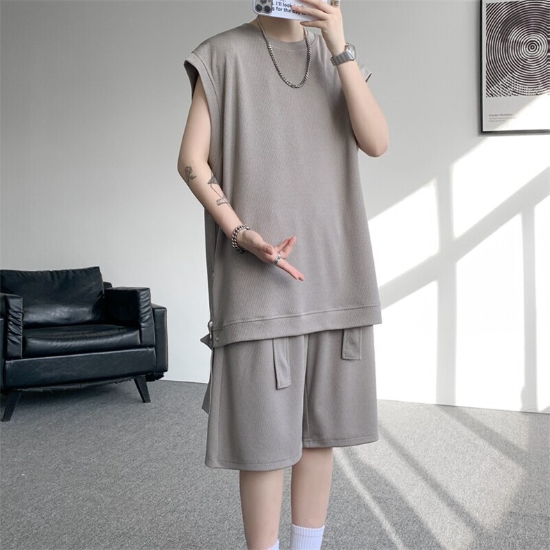 无袖T恤套装垂感冰丝背心大码穿搭衣服运动坎肩两件套TZ1706/P65,男装T恤,电商B238