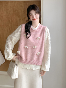 韩系甜美蕾丝上衣女2025早春新款针织马甲镂空打底衫潮图片