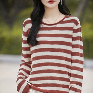 时髦减龄纯棉针织条纹打底衫女2025秋冬新款加厚保暖针织衫毛衣秋图片