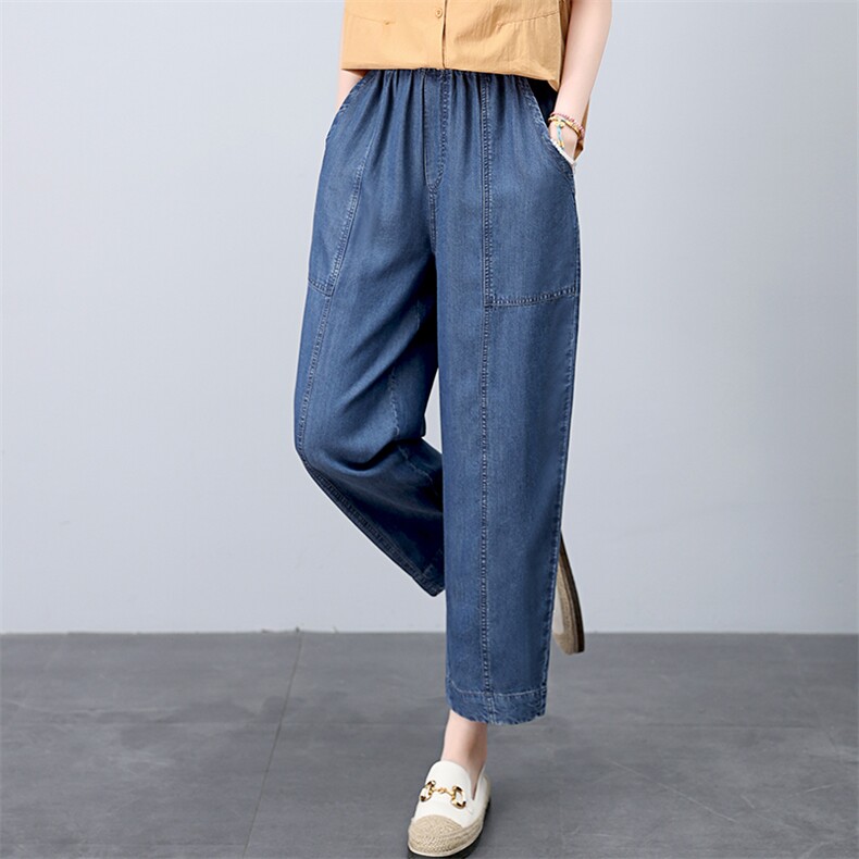 天丝牛仔裤女夏薄款2025新款中年妈妈松紧腰九分裤宽松休闲哈伦裤，女装牛仔裤，悦见她
