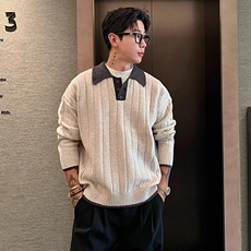 老钱风假两件撞色POLO领毛衣百搭慵懒风潮男翻领高智感针织毛衫，男装针织衫/毛衣，星座218-8