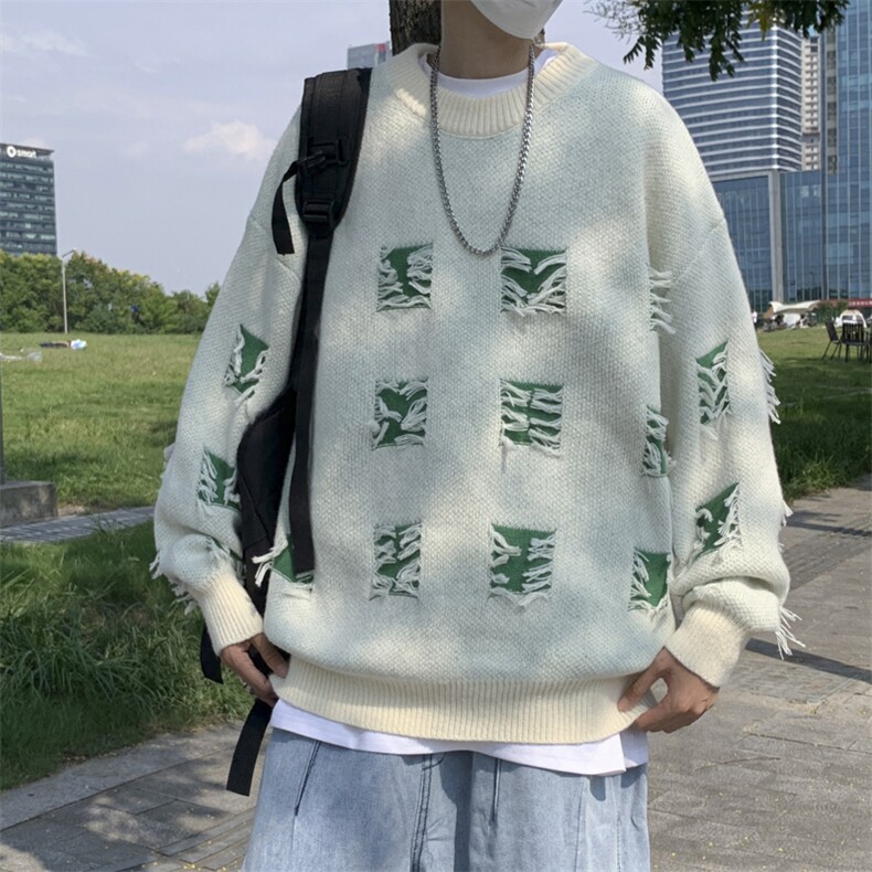 高品质秋款男针织衫圆领套头毛衣破洞补丁休闲外套M781P45,男装针织衫/毛衣,星座1013-1
