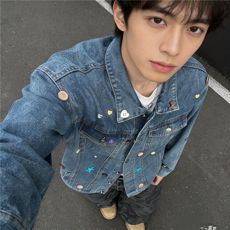 壹品满天星牛仔夹克男春秋潮流男装宽松休闲美式复古潮牌翻领外套，男装夹克，星座601-1