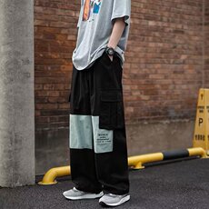 日系复古口袋宽松裤子男阔腿休闲裤潮牌撞色哈伦工装裤K3710-P38，男装休闲裤，星座512-2
