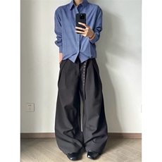 夏秋~老钱风miu系蓝色格子百搭下摆抽绳长袖衬衫W1327/特P38，男装衬衫，电商B350