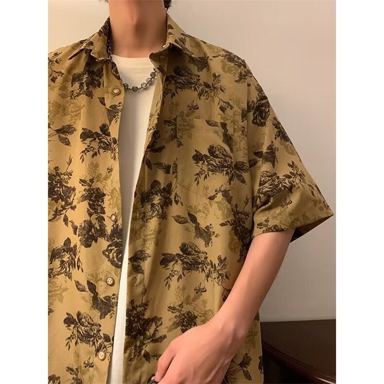 新款复古碎花短袖衬衫男女设计感小众百搭衬衣夏季外套潮CS79-P32,男装衬衫,星座1008
