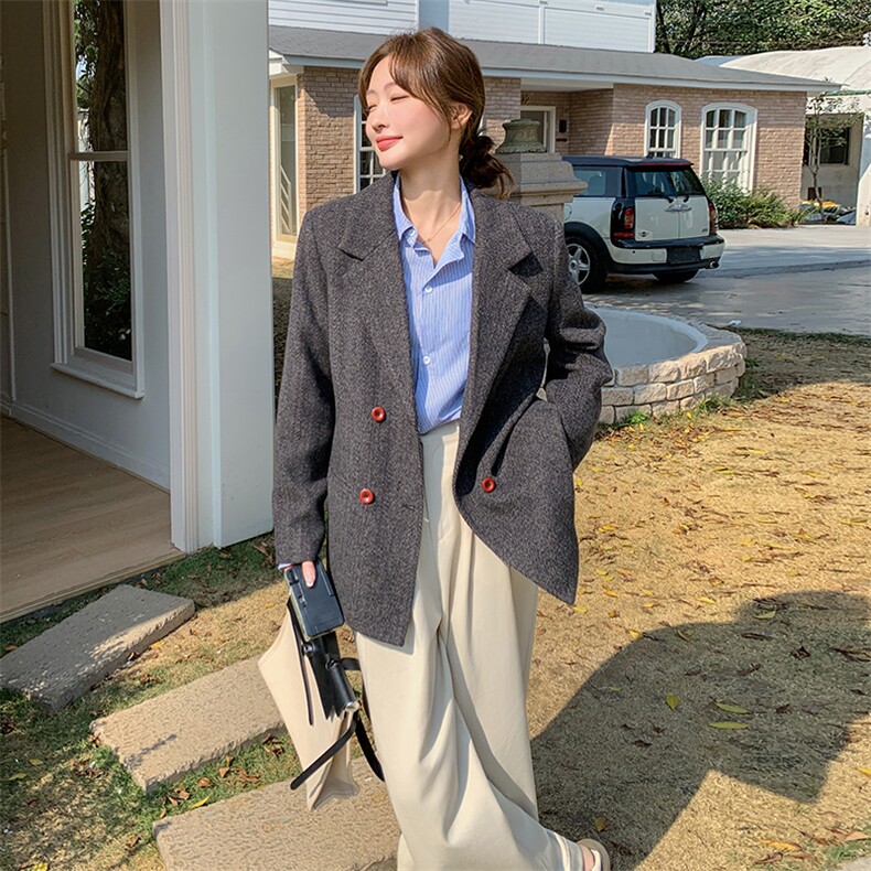 灰色西装外套女2025春季新款复古设计感韩系气质休闲百搭通勤西服,女装短外套,2C262