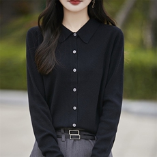 精纺羊毛翻领开衫-，女装T恤，暖娇绒包芯纱店