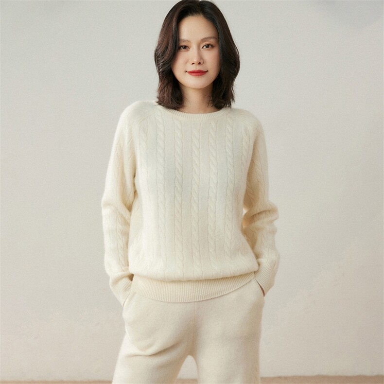 2025年秋季长袖通勤女士圆领麻花羊绒衫,女装羊绒衫,贝美羊绒