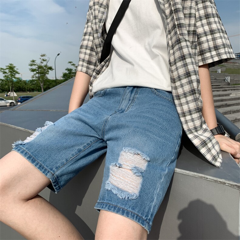 夏季男士牛仔短裤破洞韩版潮流5五分裤潮牌马裤薄款中裤D,男装牛仔裤,电商A318