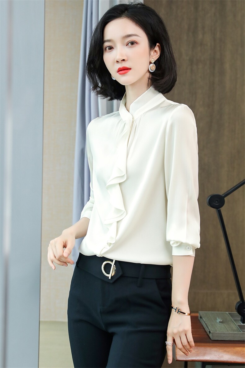 立领荷叶边真丝衬衫女长袖丝绸通勤春装木耳边真丝上衣衬衣气质,女装衬衫,阿舍尔精品
