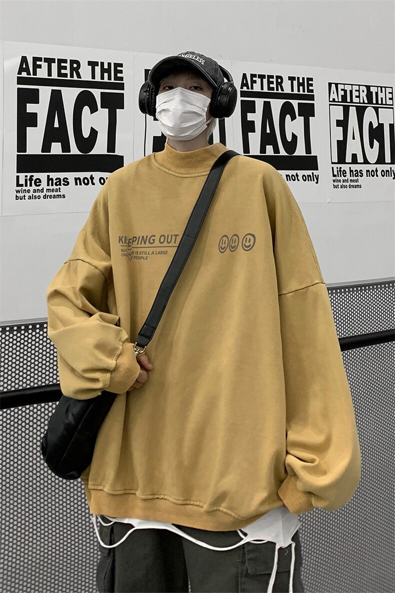 水洗做旧加绒加厚卫衣男23冬高领笑脸印花打底衫XZ514-2-X56-P78,男装T恤,星座514-2(原B239)
